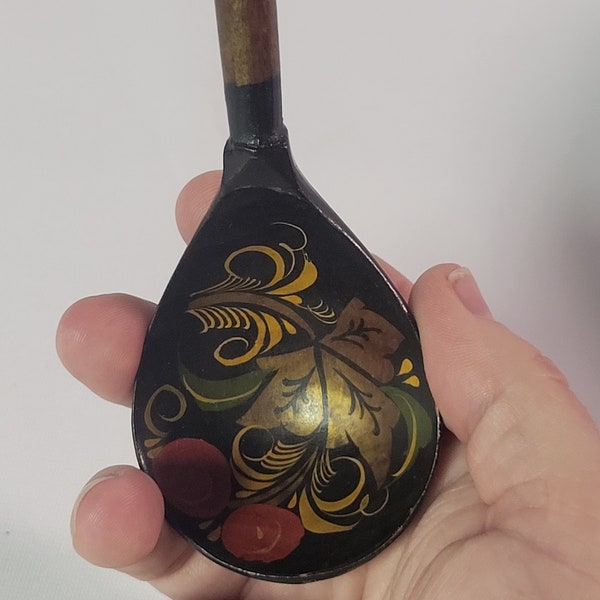 Russian Folk Art Spoon Khokloma USSR Soviet hand painted wooden ladle cherry cherries black gold souvenir mid century collectible vintage