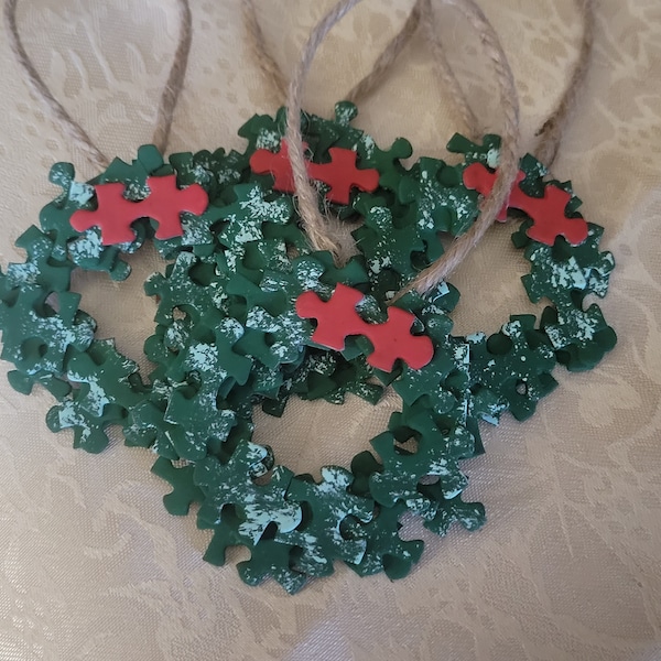 Set of 4 Jigsaw Puzzle Repurposed Wreath Ornaments handmade homemade Christmas tree holiday hanging decoration pine evergreen winter green