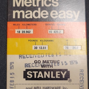 May include: Vintage Stanley "Metrics Made Easy" conversion chart. Features conversions for miles to kilometers, ounces to grams, pounds to kilograms, and Fahrenheit to Celsius. Includes the text "Received Feb 15 1979".