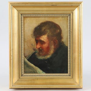 Portrait d'un homme barbu tenant une pipe, huile sur toile signée de David W. Haddon, Birmingham, Royaume-Uni - Pêcheur de Cornouailles antique