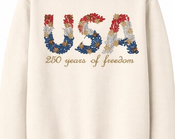 USA 250 Years of Freedom Shirt | Patriotic Floral Embroidered Tee | Red White Blue Shirt | America 1776–2026 | 4th of July Outfit