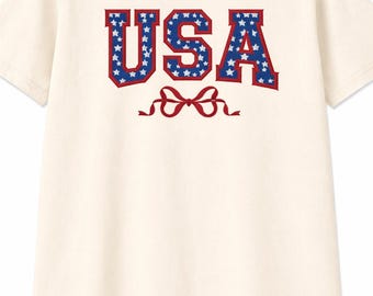USA Shirt with Bow, Patriotic Embroidered Style Tee, 4th of July Shirt, Red White Blue Shirt, Family Matching Shirts, Kids & Adult Sizes