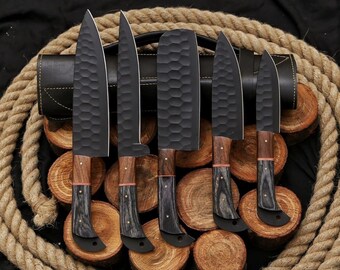 Warrior Blades Design stalen messenset, handgesmeed stalen koksmes set van 5, keukenmessenset, stalen Damascus messenset