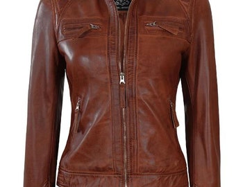 Women Cafe Racer Leather Jacket, Cognac Quilted Leather Jacket, Real Lambskin Leather Jacket, Motorcycle Leather Jacket, Vintage Jackets