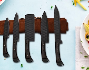 Juego de cuchillos de acero Warrior Blade, cuchillo de chef de acero forjado con diseño a mano, juego de cuchillos de 5 cuchillos, cuchillos de cocina pequeños marrones