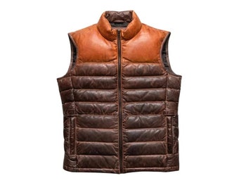 Two Tone Puffer Leather Vest, Handmade Bubble Leather Vest for Men, Down Quilted Vest for Party Wear, Genuine Leather Down Vest