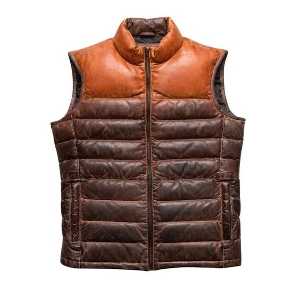 Two Tone Puffer Leather Vest, Handmade Bubble Leather Vest for Men, Down Quilted Vest for Party Wear, Genuine Leather Down Vest