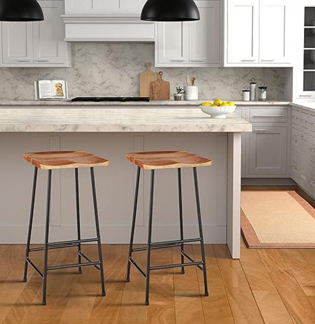 Combo Mango Wood Bar Stools Set of 2 With Steel Frame Etsy