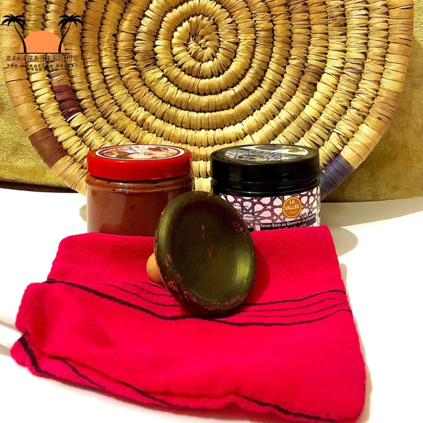 Pack of Moroccan Traditional Hammam Products,Collection of Pure Black Soap,Organic Face Mask,Aker Fasi Clay Pot and Handmade Kessa for Bath