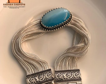 Elegante collar de cadena de mano hecho a mano con piedra preciosa turquesa, pulsera de cadena de mano grabada, cadena de plata para novia, el mejor regalo para el amante