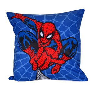 May include: A blue pillow with a red and black Spiderman design. The pillow features a web pattern and Spiderman in a web-slinging pose.