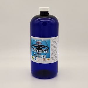 May include: A blue bottle of colloidal copper supplement with a white cap. The label reads "Colloidal Copper" and "100 ppm Colloidal Copper".