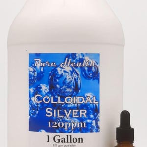 May include: A large white plastic jug containing 1 gallon of Pure Health Colloidal Silver 120ppm, featuring a blue label with bubble graphics. Beside it stands a small amber glass bottle with a black dropper cap for dispensing the liquid.