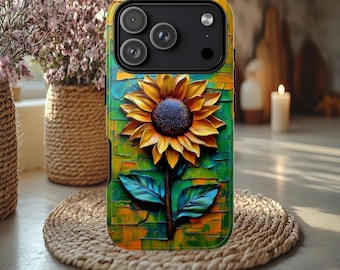 Funda resistente con diseño de girasoles pintados, con resortes, para iPhone 15, 16, 17 Pro Max, Galaxy S 24, 25 Ultra, Pixel 8, 9 Pro, con diseño floral.