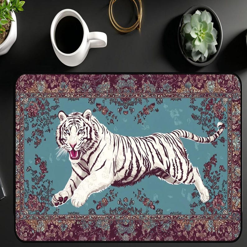 Computer Mat Tiger Faux Persian Rug White Tiger, Desk Mat, Gaming Computer Mat, Large ...
