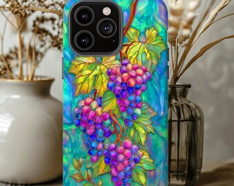 Faux stained glass Grapevines Tough Case, wine lovers case, iPhone 15 16 17 Pro Max, Galaxy S 23 24 25 26 ultra, Pixel 8 9, vineyard case