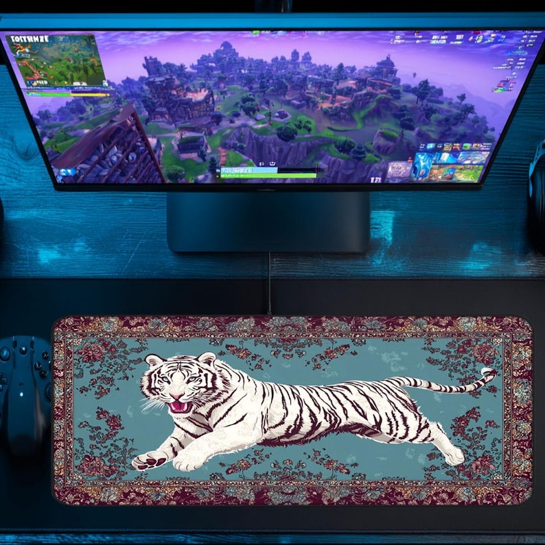 Computer Terminal Rug Faux Persian Rug White Tiger, Desk Mat, Gaming Computer Mat, Large ...