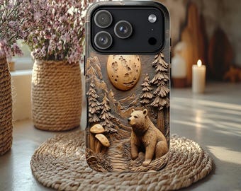 Faux Wood Carved Bear Tough Case, Nature Phone case, Mens iphone case, Masculine phone case, iphone 16 17, Galaxy S 24 25 Ultra, Pixel 8 9