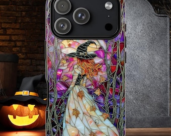 Faux Stained glass Witch tough Case, Halloween Witch, iphone 15 16 17 pro max, Galaxy S 23 24 25 26 ultra, pixel 7 8 9, Witchy case