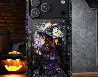 Faux Stained Glass Witch Tough Phone Case, Gothic witch Cover for iphone pro max, Galaxy S ultra, pixel pro