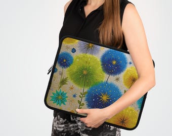 Retro Floral design 13 15 17 inch Laptop Sleeve, ipad case, Home Office gift, Macbook gift, protective computer case, green, blue sleeve