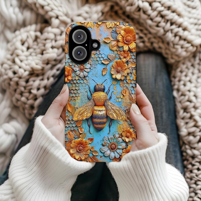 Bumblebee and flowers Tough case, nature lovers case, iPhone 15 16 17 pro, Galaxy S 25 26 ultra, Pixel 8 9, spring cover, insect case image 6