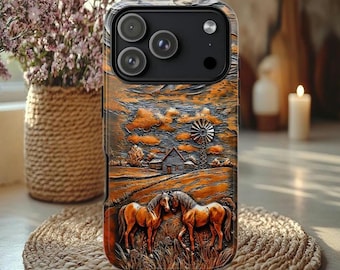 Faux Carved copper horses Tough Case, country Phone case, iphone 15 16 17 pro max, galaxy S 24 25 26 ultra, Pixel 8 9, country girl case