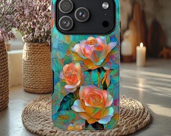 Faux stained Glass Roses Tough Case, garden lovers case, iPhone Pro Max, Galaxy S ultra, Pixel pro, flowers case