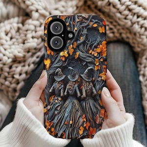 Halloween Lovers Witchy tough Phone Case, 3D Stone Effect, 3 Witches, witchey Cover for iphone 13 14 15, Galaxy S 22 23 24, pixel 7 8 pro