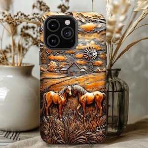 3D effect Faux Carved copper horses Tough Case, country case, iphone 15 16 pro max, galaxy S 24 25 ultra, Pixel 8 9 pro, country girl case