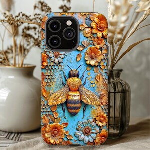 Bumblebee and flowers Tough case, nature lovers case, iPhone 15 16 17 pro, Galaxy S 25 26 ultra, Pixel 8 9, spring cover, insect case image 3