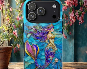 Faux stained Glass Mermaid Tough Case, iPhone 15 16 17 Pro Max, Galaxy S 23 24 25 ultra, Pixel 8 9 pro, Mystical Mermaid case