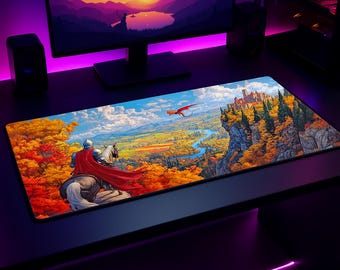 May include: A rectangular mousepad featuring a fantasy landscape with a knight on horseback, a red dragon, and a castle on a cliff. The scene is set in a valley with autumn foliage. The mousepad is on a black desk with a computer monitor.