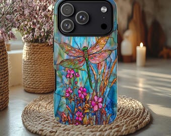 Faux Stained Glass Dragonfly Tough Case iphone 15 16 17 pro, Galaxy S 22-26 ultra, Pixel 8 9 Pro, Nature outdoor insect Lovers case