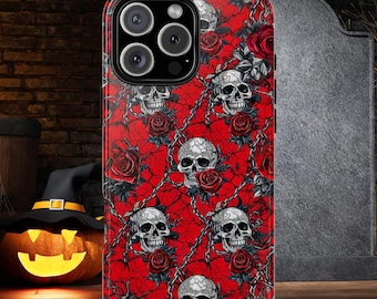 Gothic Skulls and chains pattern Tough case, creepy phone case, iphone 14 15 16 17 pro max, Galaxy S 24 25 Ultra, pixel 8 9 pro, Spooky case