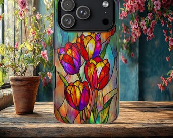 Faux Stained Glass Tulips Tough Phone case, iPhone 15 16 17 Pro Max, pixel 8 9, Galaxy S 23 24 25 26 Ultra, Spring floral