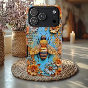 Bumblebee and flowers Tough case, nature lovers case, iPhone 15 16 17 pro, Galaxy S 25 26 ultra, Pixel 8 9, spring cover, insect case image 1