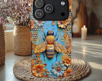 Bumblebee and flowers Tough case, nature lovers case, iphone 15 16 17 pro, Galaxy S 25 26 ultra, Pixel 8 9, spring cover, insect case