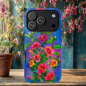 Faux stained Glass Hibiscus Tough Case, garden lovers case, iPhone 16 17 Pro Max, Galaxy S 23 24 25 ultra, Pixel 8 9 pro, floral case