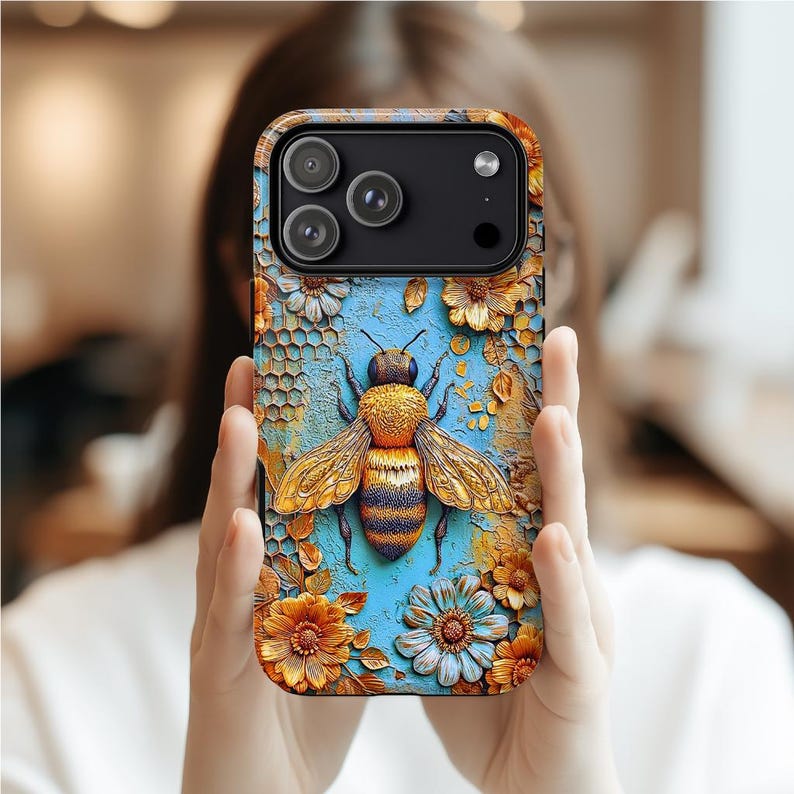 Bumblebee and flowers Tough case, nature lovers case, iPhone 15 16 17 pro, Galaxy S 25 26 ultra, Pixel 8 9, spring cover, insect case image 5