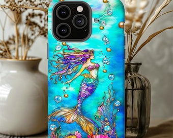 Faux stained Glass Mystical Mermaid Tough Case, iPhone 15 16 17 Pro Max, Galaxy S 23 24 25 ultra, Pixel 8 9 pro,