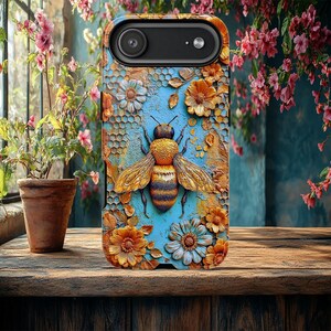 Bumblebee and flowers Tough case, nature lovers case, iPhone 15 16 17 pro, Galaxy S 25 26 ultra, Pixel 8 9, spring cover, insect case image 2