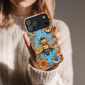 Bumblebee and flowers Tough case, nature lovers case, iPhone 15 16 17 pro, Galaxy S 25 26 ultra, Pixel 8 9, spring cover, insect case image 4