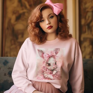 Vintage Coquette Bunny shirt, pink Bows, whimsical Bunny shirt, Cozy Bunny sweatshirt, gift for her, Cute bunny, pastel pink bunny shirt