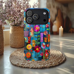 Faux Quilted flowers Tough Case, iPhone 8-17 pro max, pixel 7-9 pro, Galaxy 22-25 pro ultra, Cozy Quilt effect, Floral case, gift for her