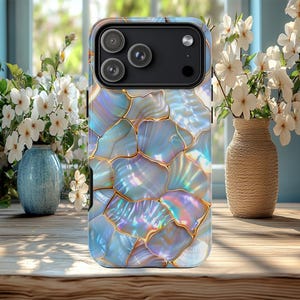 Faux Mother of Pearl (print) Tough Case for iphone 15 16 17 pro max, Galaxy S 23 24 25 26 ultra, Pixel 8 9 pro, Seashell print iphone case,