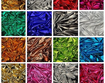 May include: A collage of 12 different colored metallic fabrics. The fabrics are all crumpled and have a shiny, reflective surface. The colors include gold, silver, red, pink, blue, green, and black.