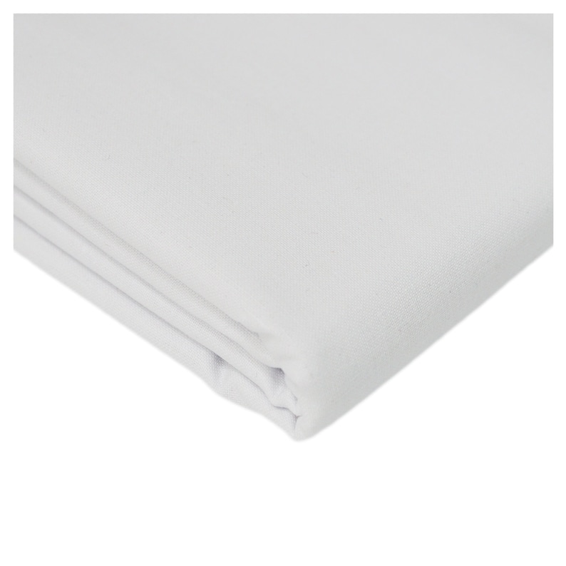 May include: A white fabric backdrop, folded in thirds, with a smooth texture. The backdrop is made of a lightweight material and is ideal for photography or videography.