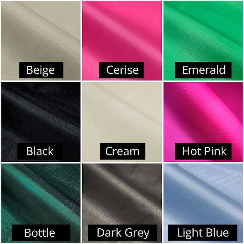 May include: A collection of fabric swatches in various colors, including beige, cerise, emerald, black, cream, hot pink, bottle green, dark grey, and light blue. Each swatch has a label with its color name.