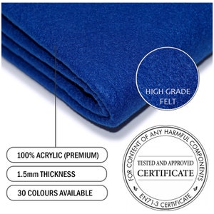 K&ouml;nnte beinhalten: Nahaufnahme eines leuchtend blauen Filzstoffes. Der Stoff ist 100% Acryl und 1,5 mm dick. Es handelt sich um hochwertigen Filz, der in 30 Farben erh&auml;ltlich ist. Der Stoff ist zertifiziert, frei von sch&auml;dlichen Bestandteilen zu sein.